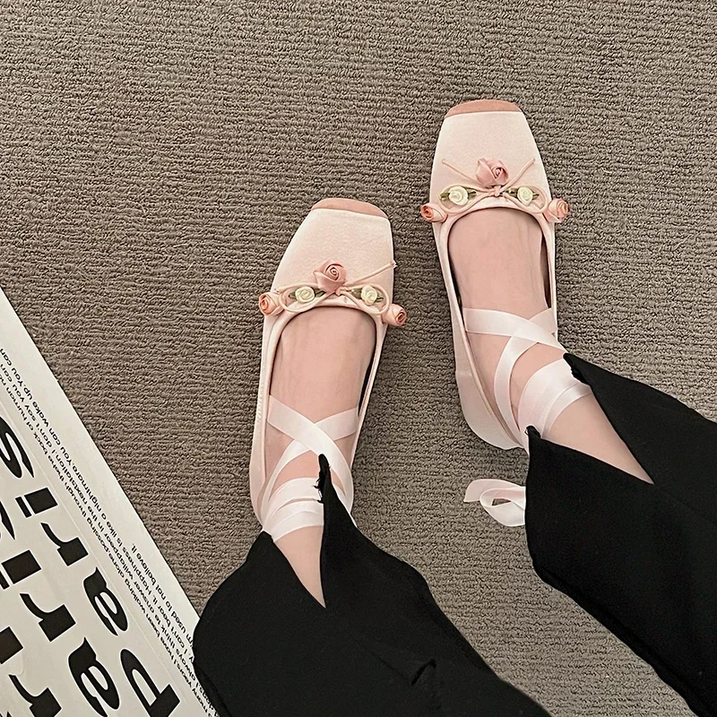 Luxury Lace Tie Leg Satin Silk Ballet Flats Woman Square Toe Bowknot Elastic Band Ballerinas Ladies Wedding Floral Shoes
