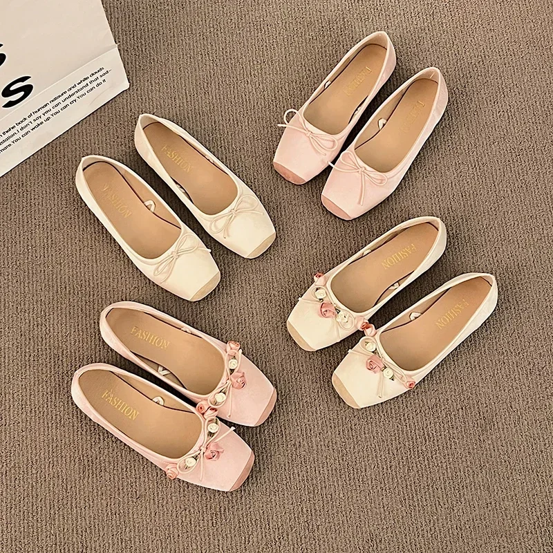 Luxury Lace Tie Leg Satin Silk Ballet Flats Woman Square Toe Bowknot Elastic Band Ballerinas Ladies Wedding Floral Shoes