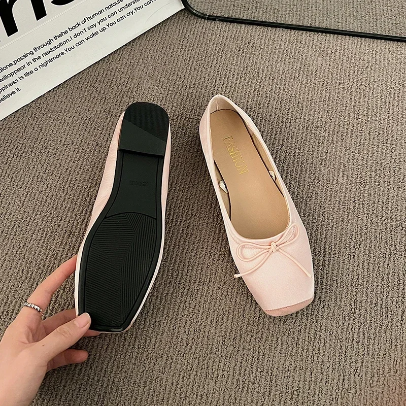 Luxury Lace Tie Leg Satin Silk Ballet Flats Woman Square Toe Bowknot Elastic Band Ballerinas Ladies Wedding Floral Shoes