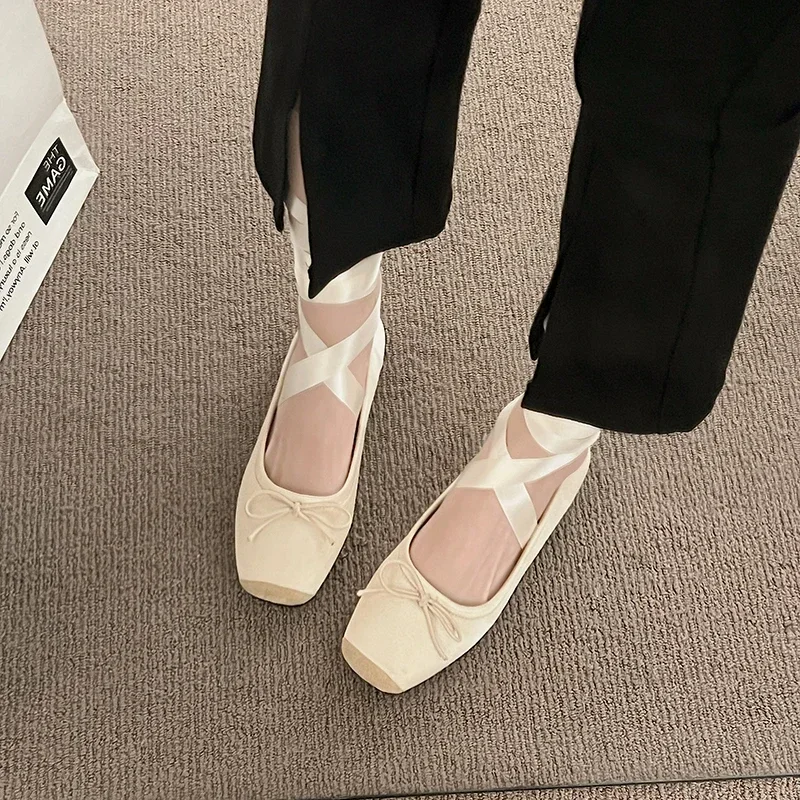 Luxury Lace Tie Leg Satin Silk Ballet Flats Woman Square Toe Bowknot Elastic Band Ballerinas Ladies Wedding Floral Shoes