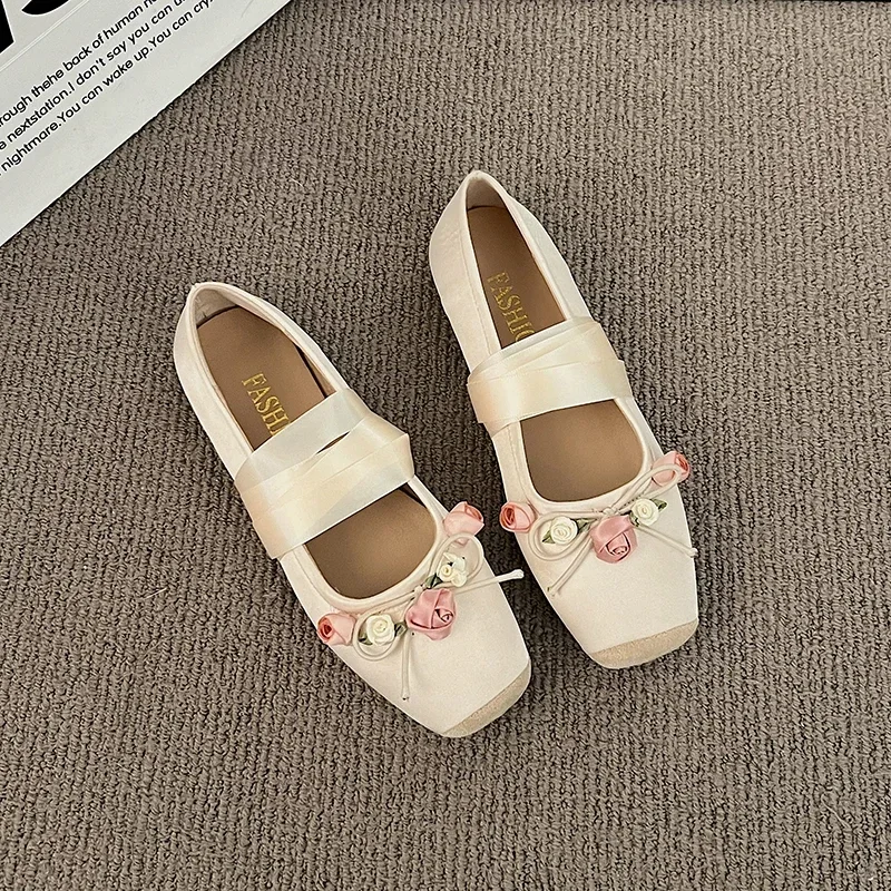Luxury Lace Tie Leg Satin Silk Ballet Flats Woman Square Toe Bowknot Elastic Band Ballerinas Ladies Wedding Floral Shoes