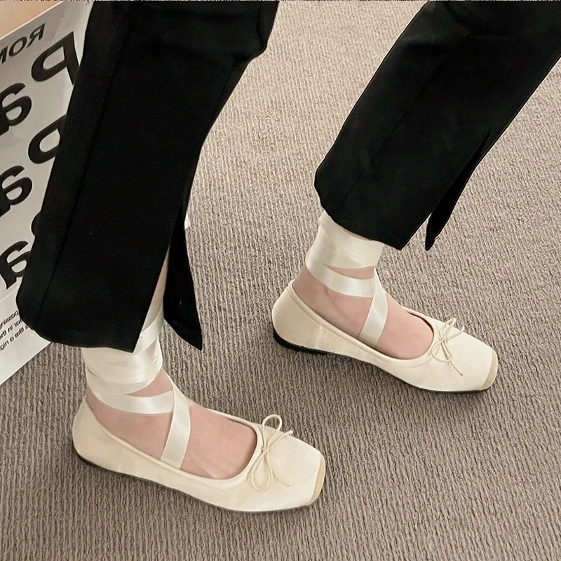 Luxury Lace Tie Leg Satin Silk Ballet Flats Woman Square Toe Bowknot Elastic Band Ballerinas Ladies Wedding Floral Shoes