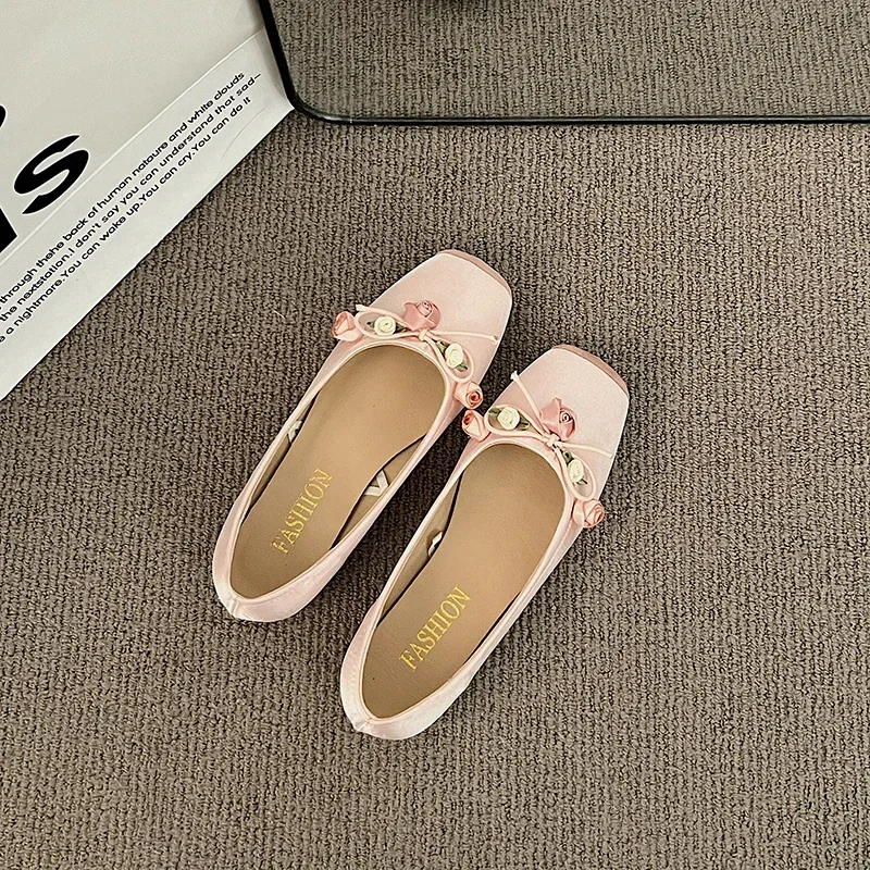 Luxury Lace Tie Leg Satin Silk Ballet Flats Woman Square Toe Bowknot Elastic Band Ballerinas Ladies Wedding Floral Shoes