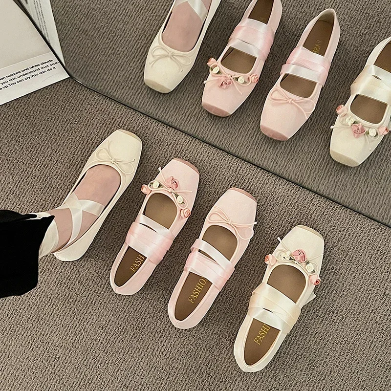 Luxury Lace Tie Leg Satin Silk Ballet Flats Woman Square Toe Bowknot Elastic Band Ballerinas Ladies Wedding Floral Shoes