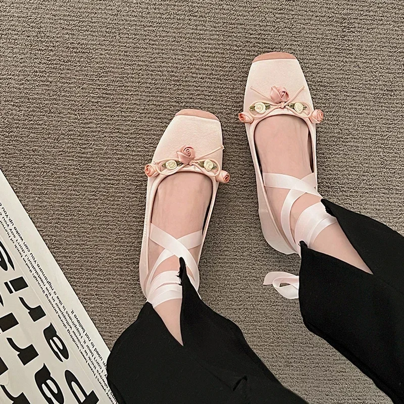 Luxury Lace Tie Leg Satin Silk Ballet Flats Woman Square Toe Bowknot Elastic Band Ballerinas Ladies Wedding Floral Shoes