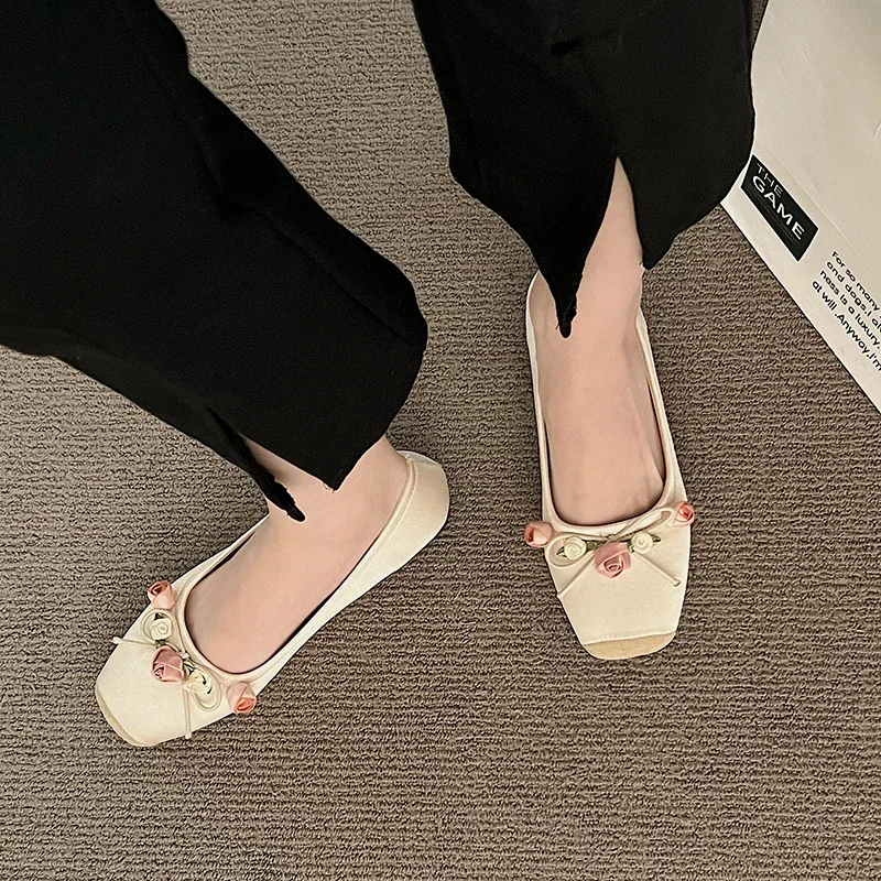Luxury Lace Tie Leg Satin Silk Ballet Flats Woman Square Toe Bowknot Elastic Band Ballerinas Ladies Wedding Floral Shoes