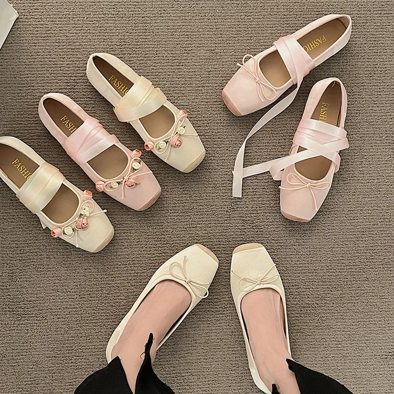 Luxury Lace Tie Leg Satin Silk Ballet Flats Woman Square Toe Bowknot Elastic Band Ballerinas Ladies Wedding Floral Shoes Luxury Lace Tie Leg Satin Silk Ballet Flats Woman Square Toe Bowknot Elastic Band Ballerinas Ladies Wedding Floral Shoes