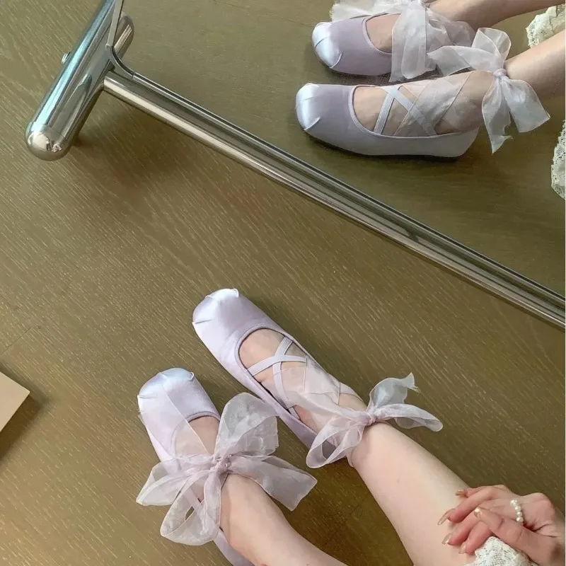 Retro Square Head Mary Jane Shoes Women's French Elegant Silk Lace Slip-On Chunky Heel Evening Shoes Summer Season Low Heel