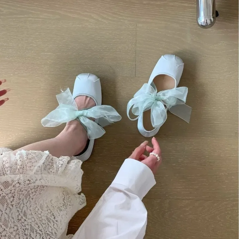 Retro Square Head Mary Jane Shoes Women's French Elegant Silk Lace Slip-On Chunky Heel Evening Shoes Summer Season Low Heel