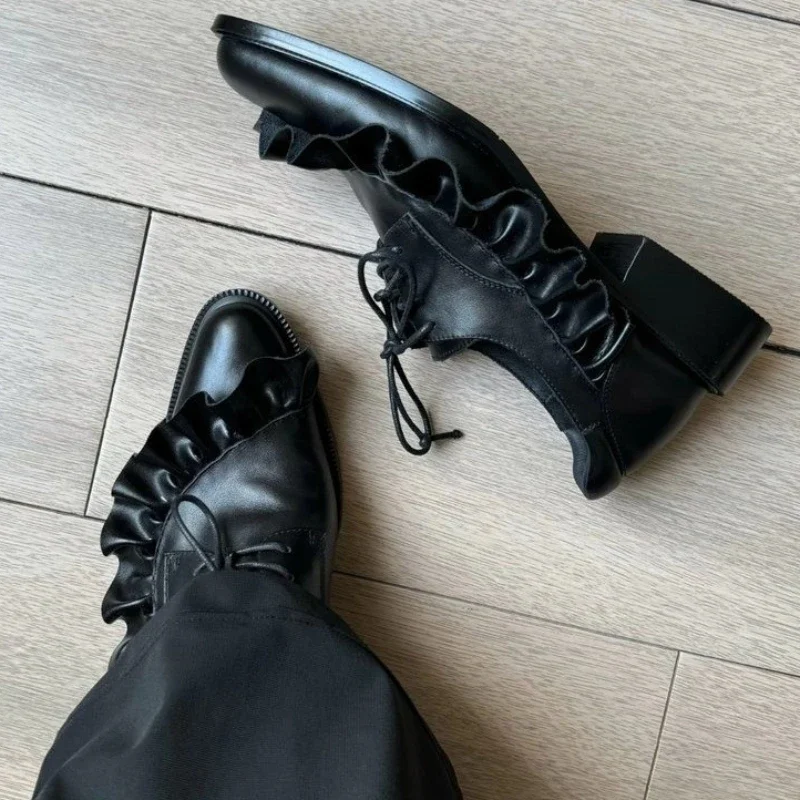 Spring Classic Women Shoes Lace Up Mid Heels Shoes Pointed Toe Chunky Pumps Designer Summer 2025 New Dress Mujer De Zapatillas