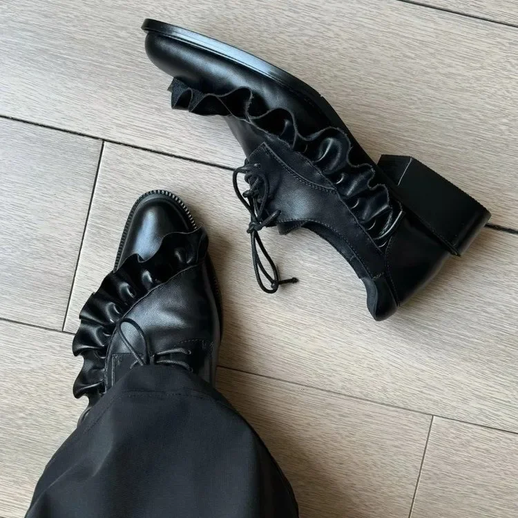 Spring Classic Women Shoes Lace Up Mid Heels Shoes Pointed Toe Chunky Pumps Designer Summer 2025 New Dress Mujer De Zapatillas