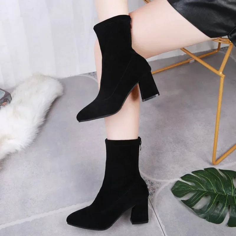 Black Pointed Toe Chunky Heel Boots Autumn Winter Women's Fashion Boot Warm Mid-Calf Gentlewoman Easy To Match PU Material
