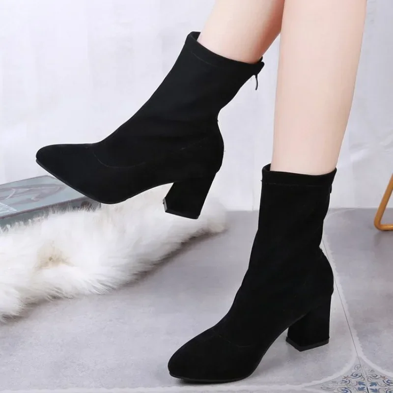 Black Pointed Toe Chunky Heel Boots Autumn Winter Women's Fashion Boot Warm Mid-Calf Gentlewoman Easy To Match PU Material