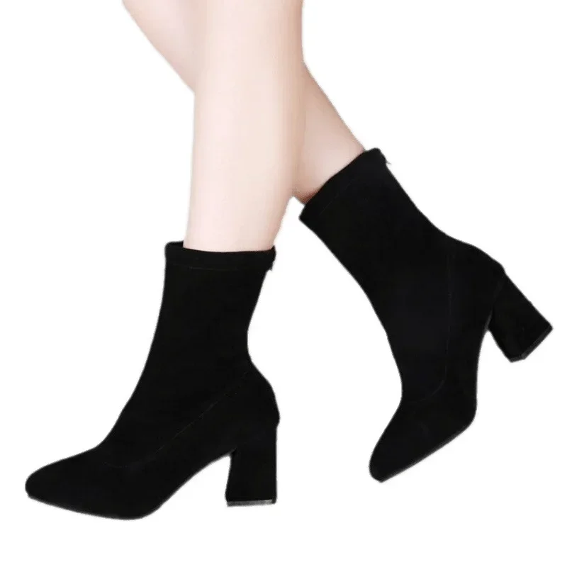 Black Pointed Toe Chunky Heel Boots Autumn Winter Women's Fashion Boot Warm Mid-Calf Gentlewoman Easy To Match PU Material