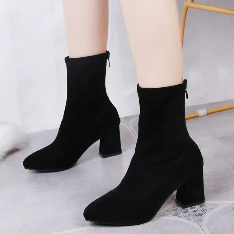 Black Pointed Toe Chunky Heel Boots Autumn Winter Women's Fashion Boot Warm Mid-Calf Gentlewoman Easy To Match PU Material