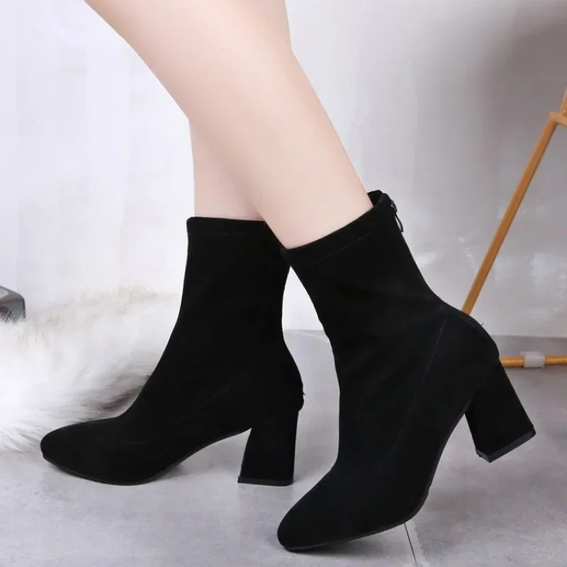Black Pointed Toe Chunky Heel Boots Autumn Winter Women's Fashion Boot Warm Mid-Calf Gentlewoman Easy To Match PU Material