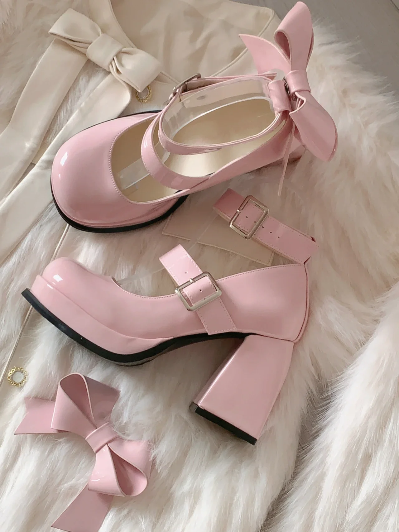 Lolita Shoes Pink Kawaii Shoes Leather Bow Platform Mary Jane Single Shoes Womens Sweet High Heels Japanese Original Pumps