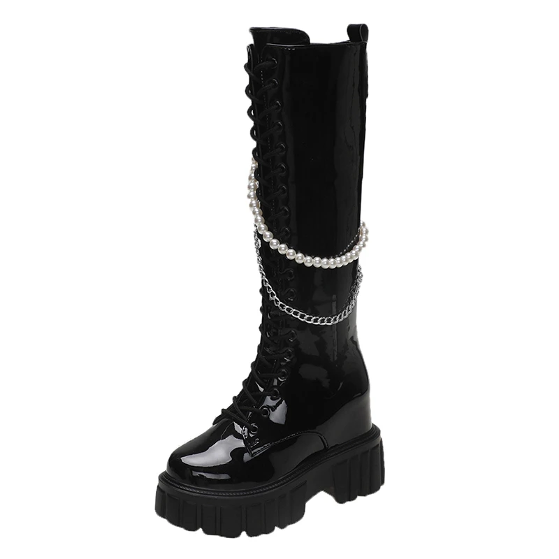 Winter Chunky Platform Leather Knee High Boots Women Punk String Bead 10CM Height Increasing Long Boots Woman Lace Up Booties Winter Chunky Platform Leather Knee High Boots Women Punk String Bead 10CM Height Increasing Long Boots Woman Lace Up Booties