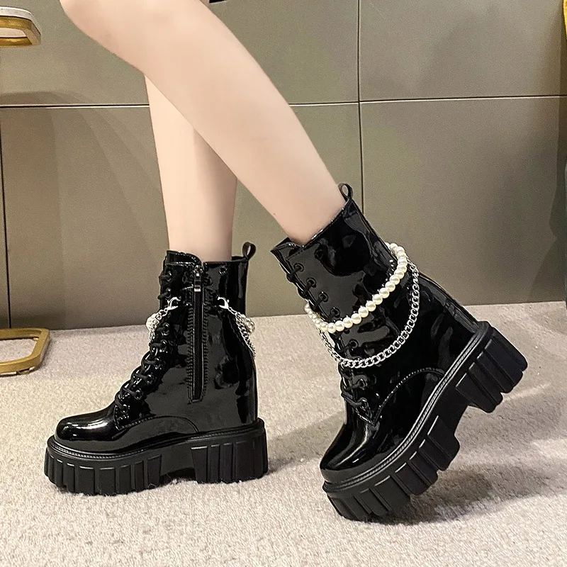 Winter Chunky Platform Leather Knee High Boots Women Punk String Bead 10CM Height Increasing Long Boots Woman Lace Up Booties