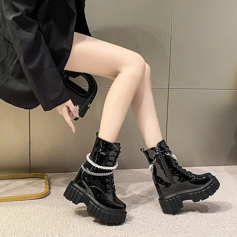 Winter Chunky Platform Leather Knee High Boots Women Punk String Bead 10CM Height Increasing Long Boots Woman Lace Up Booties