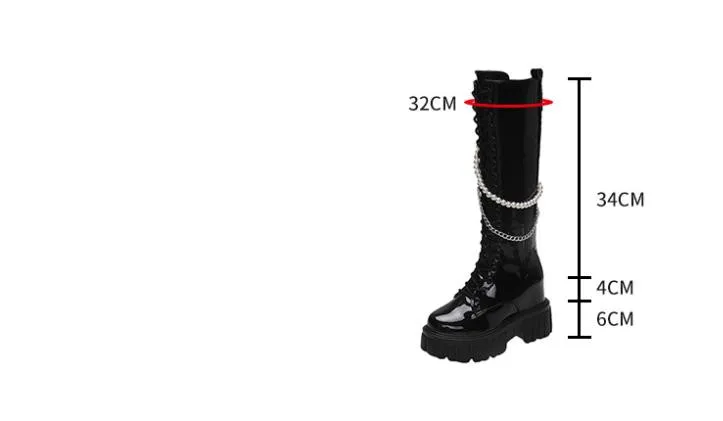 Winter Chunky Platform Leather Knee High Boots Women Punk String Bead 10CM Height Increasing Long Boots Woman Lace Up Booties Winter Chunky Platform Leather Knee High Boots Women Punk String Bead 10CM Height Increasing Long Boots Woman Lace Up Booties