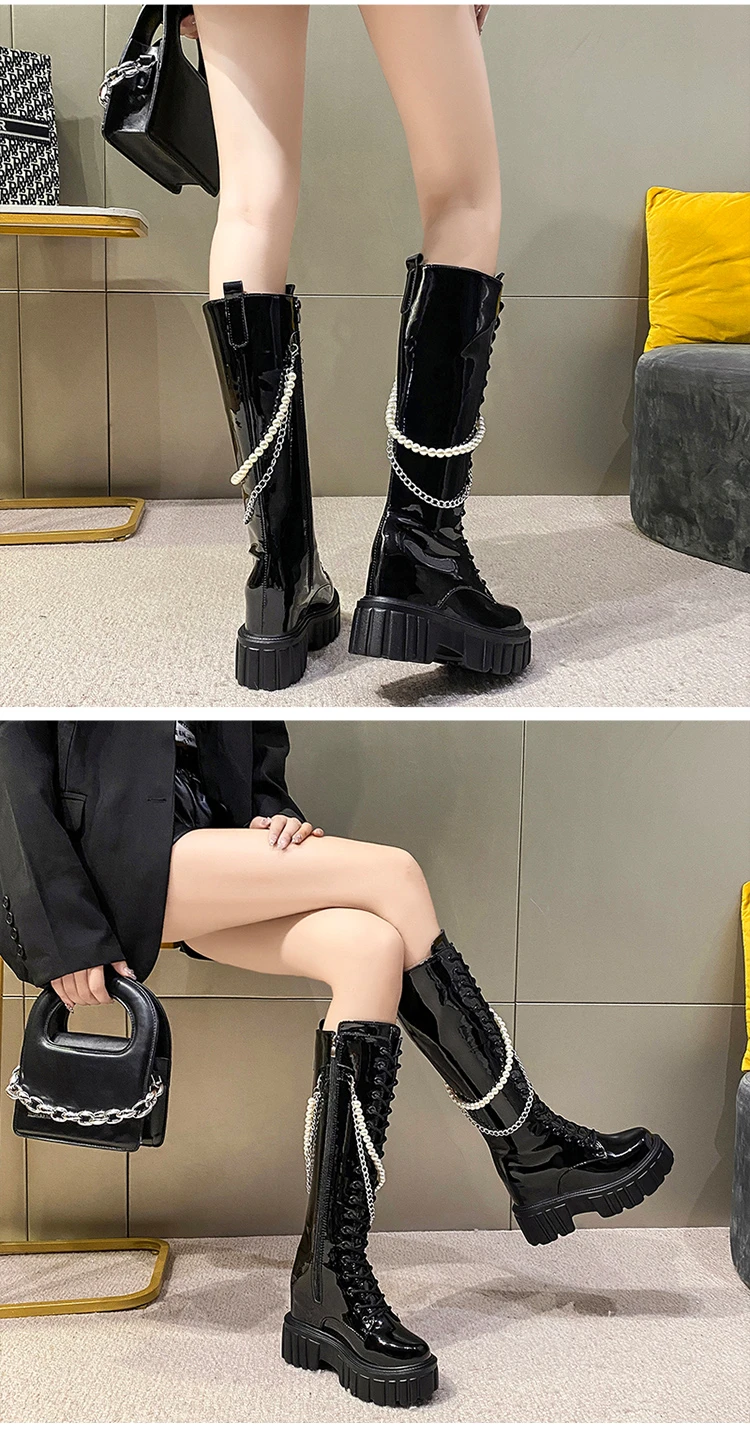 Winter Chunky Platform Leather Knee High Boots Women Punk String Bead 10CM Height Increasing Long Boots Woman Lace Up Booties Winter Chunky Platform Leather Knee High Boots Women Punk String Bead 10CM Height Increasing Long Boots Woman Lace Up Booties