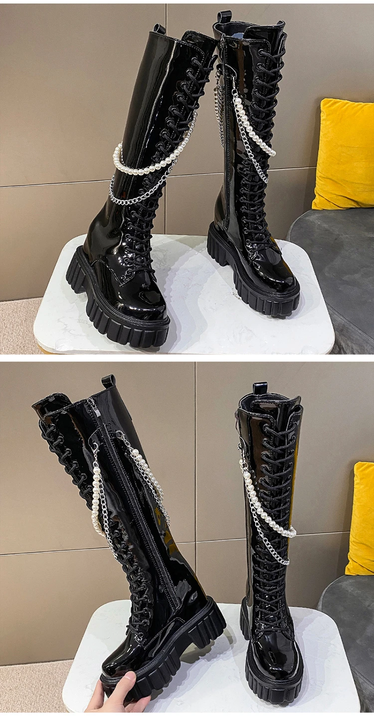 Winter Chunky Platform Leather Knee High Boots Women Punk String Bead 10CM Height Increasing Long Boots Woman Lace Up Booties Winter Chunky Platform Leather Knee High Boots Women Punk String Bead 10CM Height Increasing Long Boots Woman Lace Up Booties
