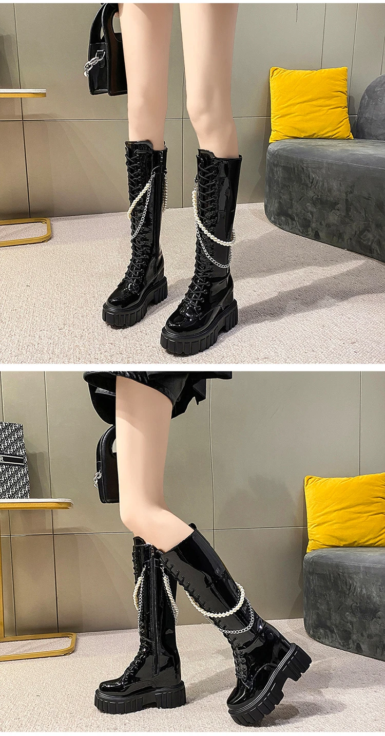 Winter Chunky Platform Leather Knee High Boots Women Punk String Bead 10CM Height Increasing Long Boots Woman Lace Up Booties Winter Chunky Platform Leather Knee High Boots Women Punk String Bead 10CM Height Increasing Long Boots Woman Lace Up Booties