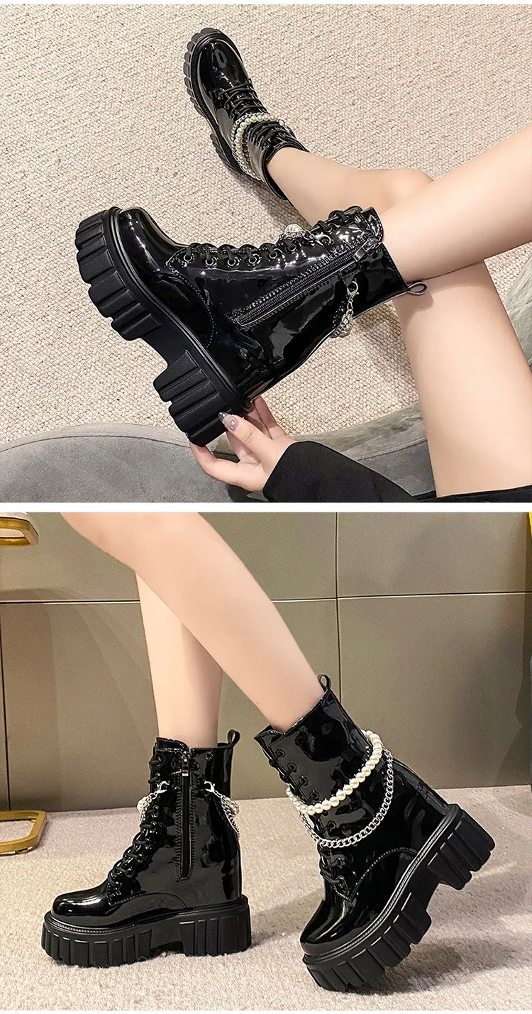 Winter Chunky Platform Leather Knee High Boots Women Punk String Bead 10CM Height Increasing Long Boots Woman Lace Up Booties Winter Chunky Platform Leather Knee High Boots Women Punk String Bead 10CM Height Increasing Long Boots Woman Lace Up Booties
