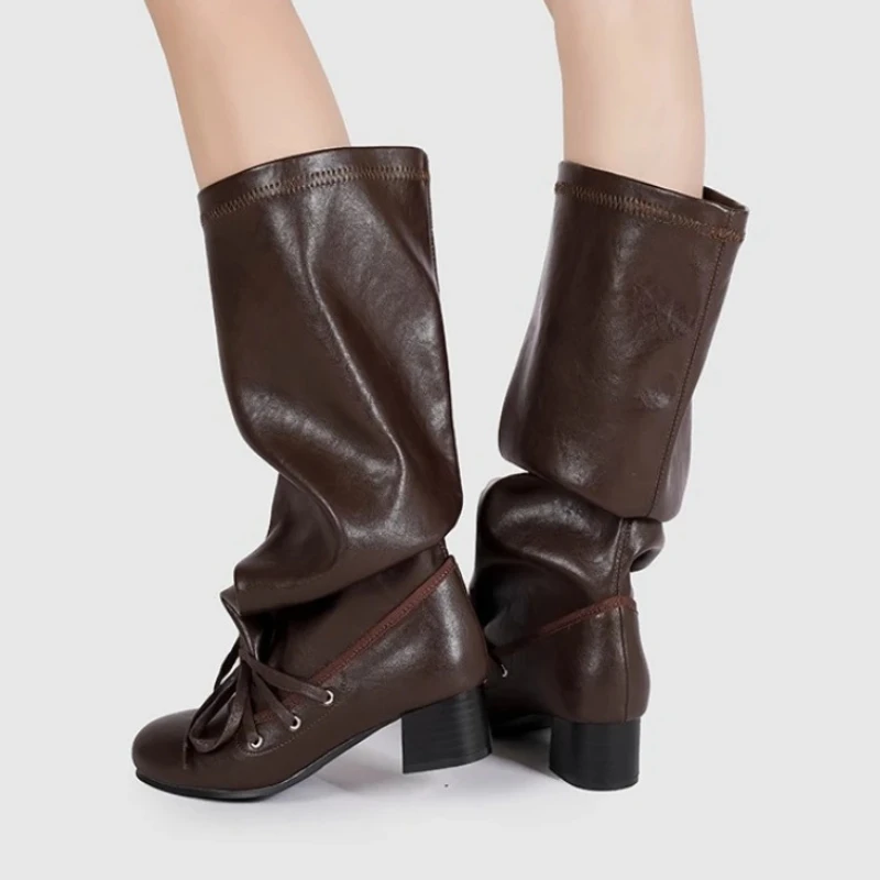 Retro Designer Boots Women Lace-up Round Toe Fashion Long Boots Female 2025 New Winter Brand Chunky Heels Knight Boots Ladies Retro Designer Boots Women Lace-up Round Toe Fashion Long Boots Female 2025 New Winter Brand Chunky Heels Knight Boots Ladies