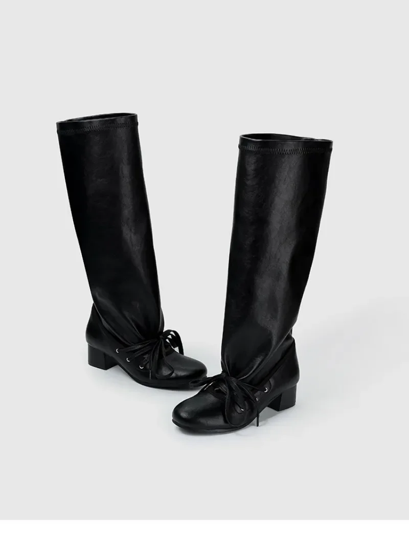 Retro Designer Boots Women Lace-up Round Toe Fashion Long Boots Female 2025 New Winter Brand Chunky Heels Knight Boots Ladies