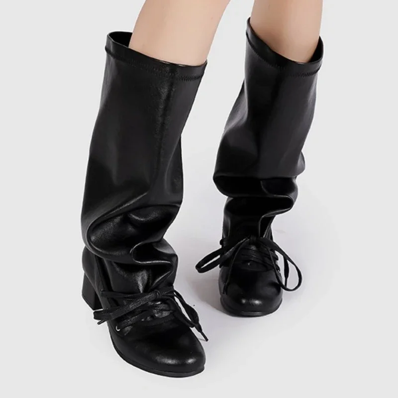 Retro Designer Boots Women Lace-up Round Toe Fashion Long Boots Female 2025 New Winter Brand Chunky Heels Knight Boots Ladies Retro Designer Boots Women Lace-up Round Toe Fashion Long Boots Female 2025 New Winter Brand Chunky Heels Knight Boots Ladies