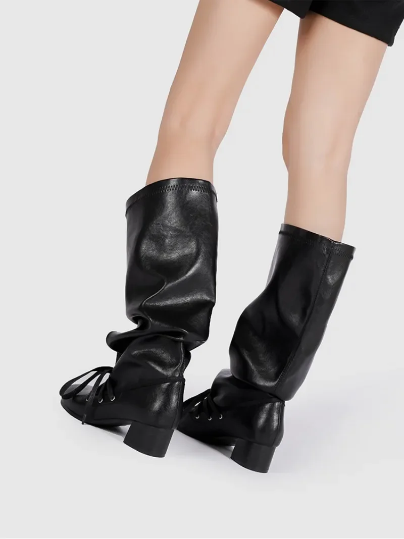 Retro Designer Boots Women Lace-up Round Toe Fashion Long Boots Female 2025 New Winter Brand Chunky Heels Knight Boots Ladies