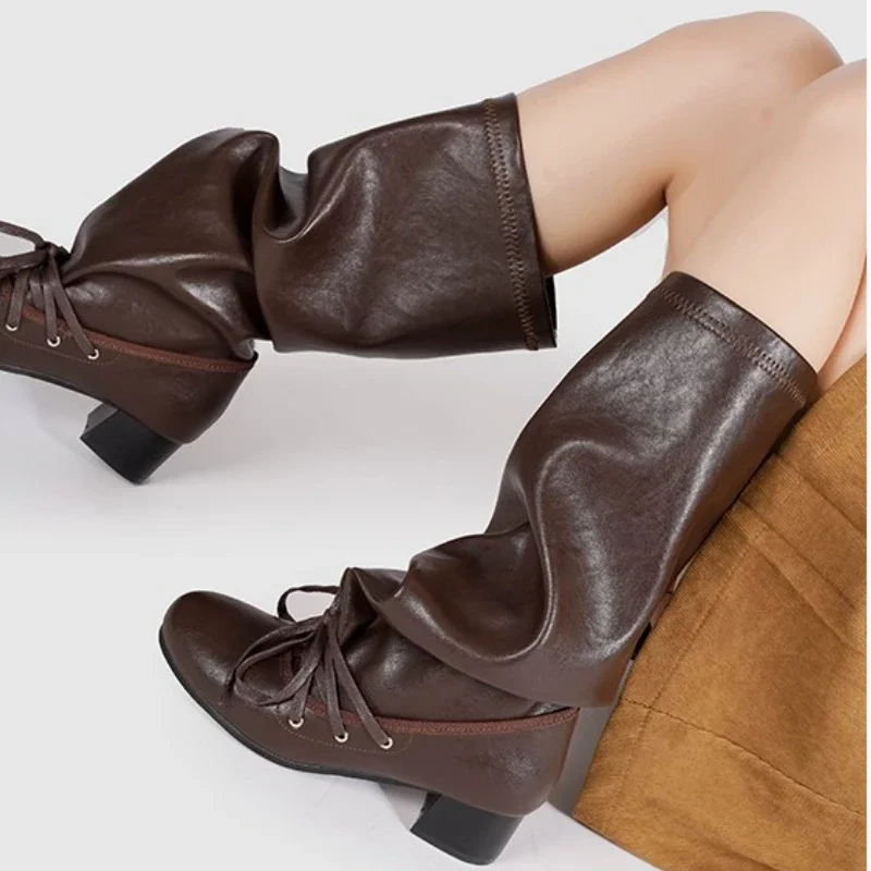 Retro Designer Boots Women Lace-up Round Toe Fashion Long Boots Female 2025 New Winter Brand Chunky Heels Knight Boots Ladies Retro Designer Boots Women Lace-up Round Toe Fashion Long Boots Female 2025 New Winter Brand Chunky Heels Knight Boots Ladies