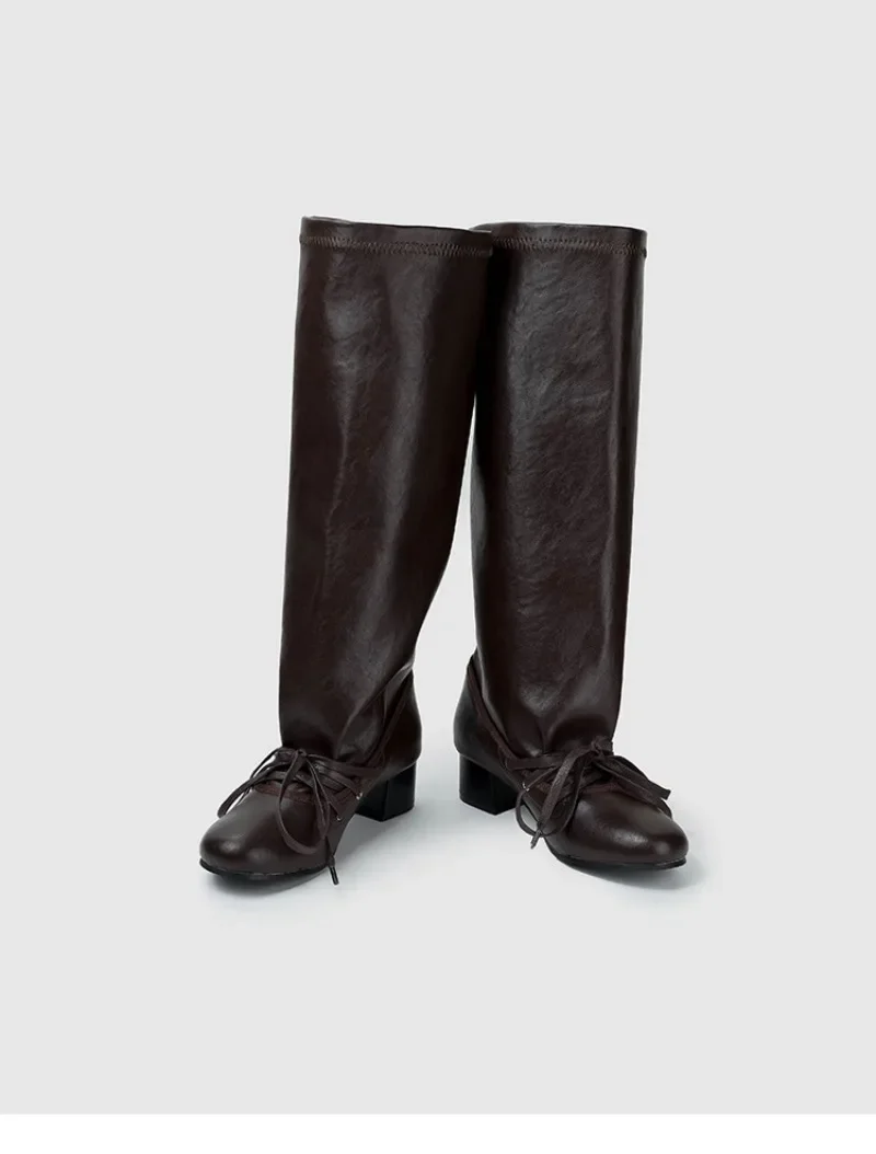 Retro Designer Boots Women Lace-up Round Toe Fashion Long Boots Female 2025 New Winter Brand Chunky Heels Knight Boots Ladies