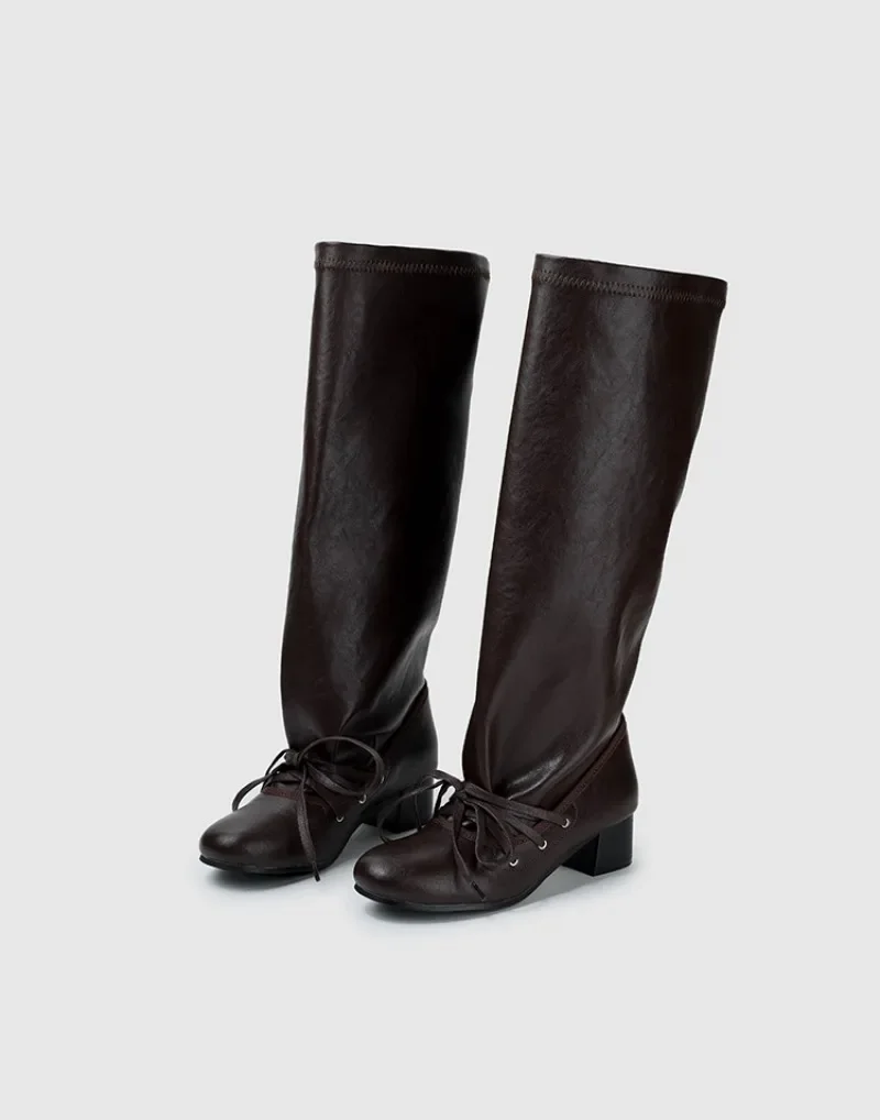 Retro Designer Boots Women Lace-up Round Toe Fashion Long Boots Female 2025 New Winter Brand Chunky Heels Knight Boots Ladies