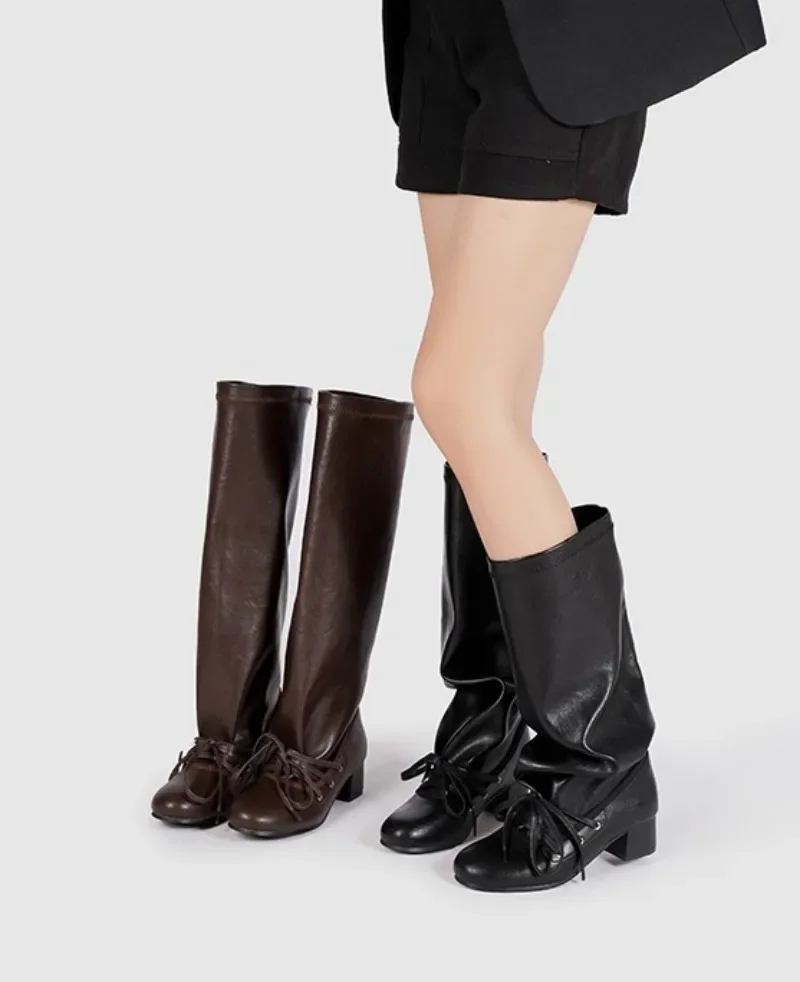 Retro Designer Boots Women Lace-up Round Toe Fashion Long Boots Female 2025 New Winter Brand Chunky Heels Knight Boots Ladies