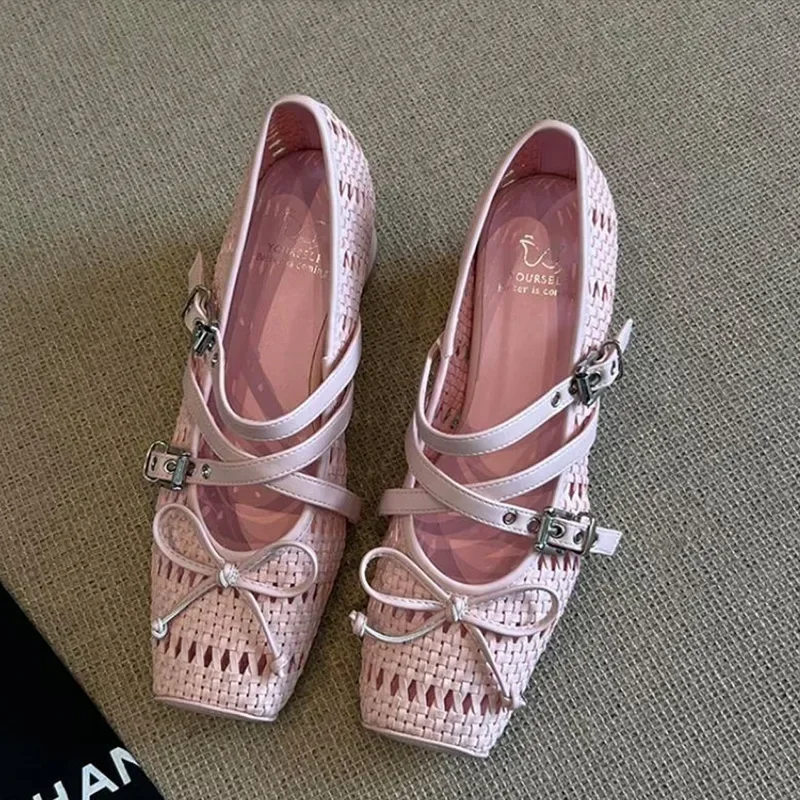 Sweet Style Mary Jane Shoes Women's Breathable Woven Hollow out Cross Band Spring Summer New Model Korean Version Single Shoes