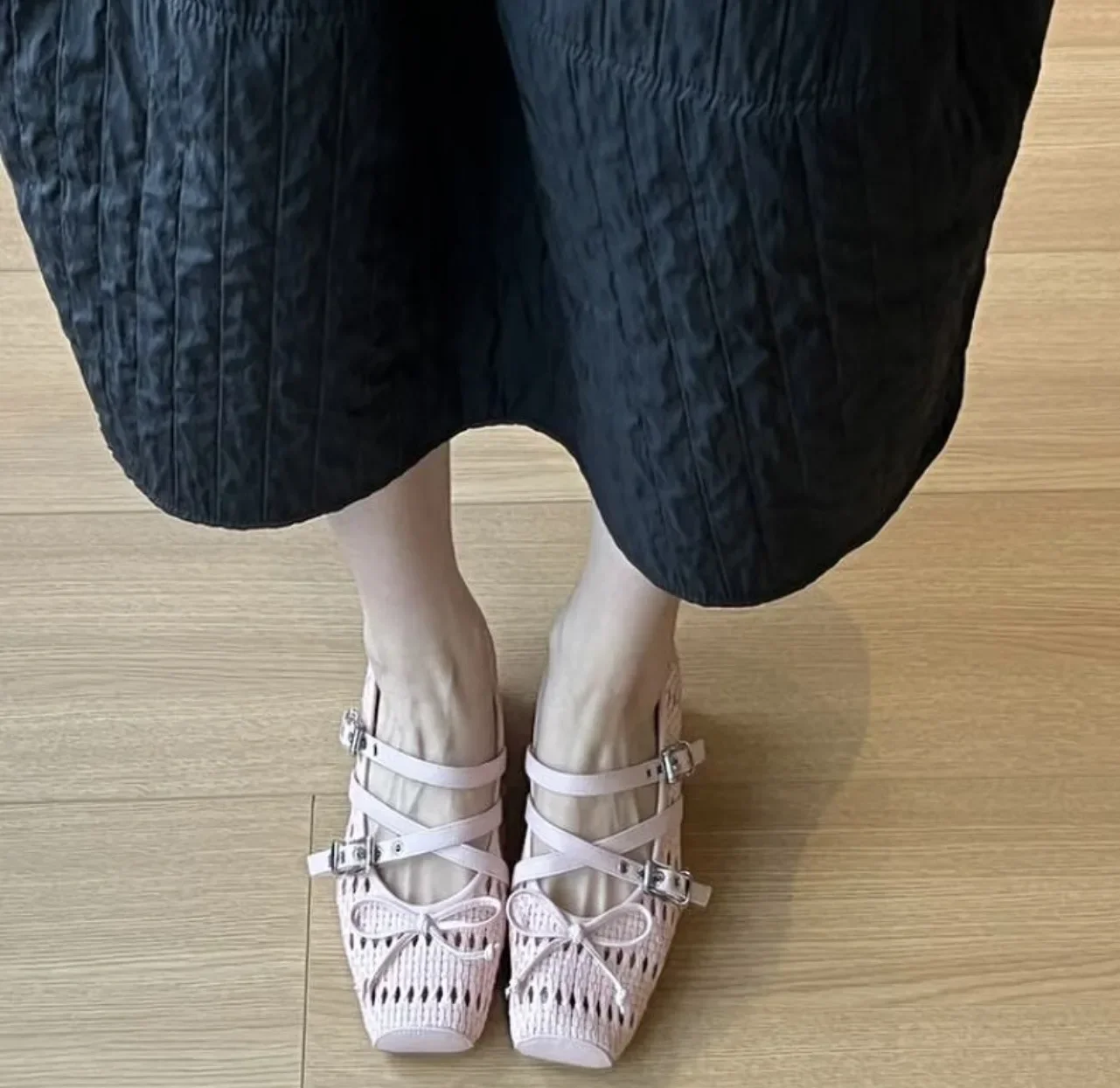 Sweet Style Mary Jane Shoes Women's Breathable Woven Hollow out Cross Band Spring Summer New Model Korean Version Single Shoes