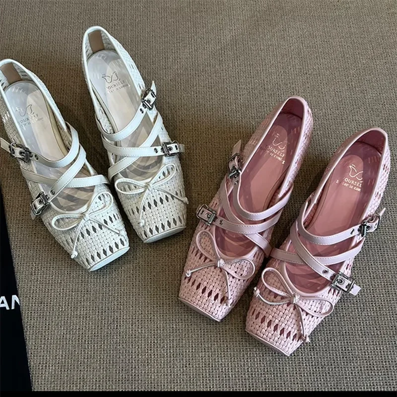 Sweet Style Mary Jane Shoes Women's Breathable Woven Hollow out Cross Band Spring Summer New Model Korean Version Single Shoes
