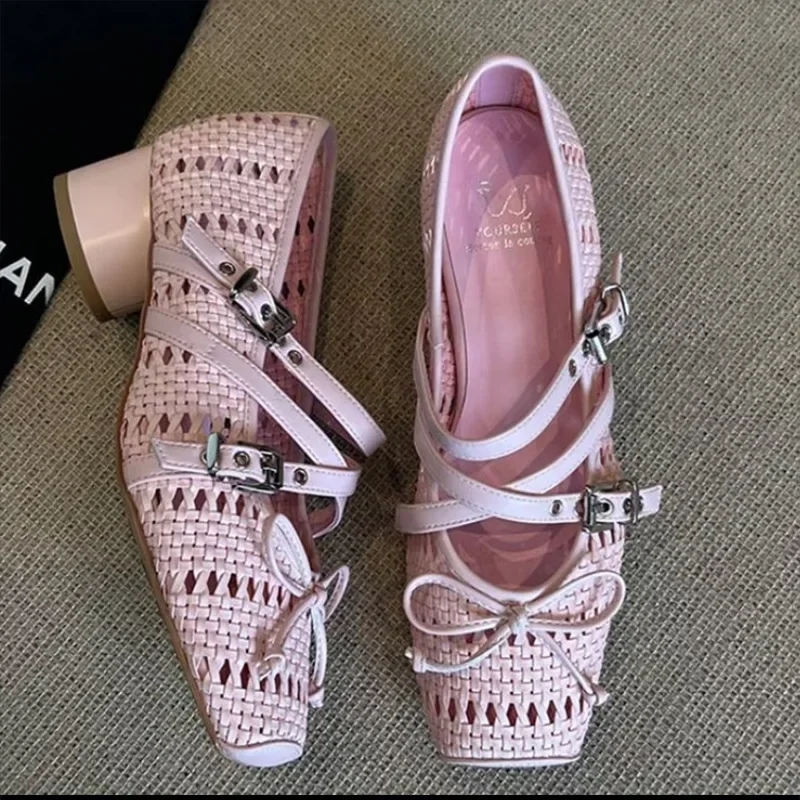 Sweet Style Mary Jane Shoes Women's Breathable Woven Hollow out Cross Band Spring Summer New Model Korean Version Single Shoes Sweet Style Mary Jane Shoes Women's Breathable Woven Hollow out Cross Band Spring Summer New Model Korean Version Single Shoes
