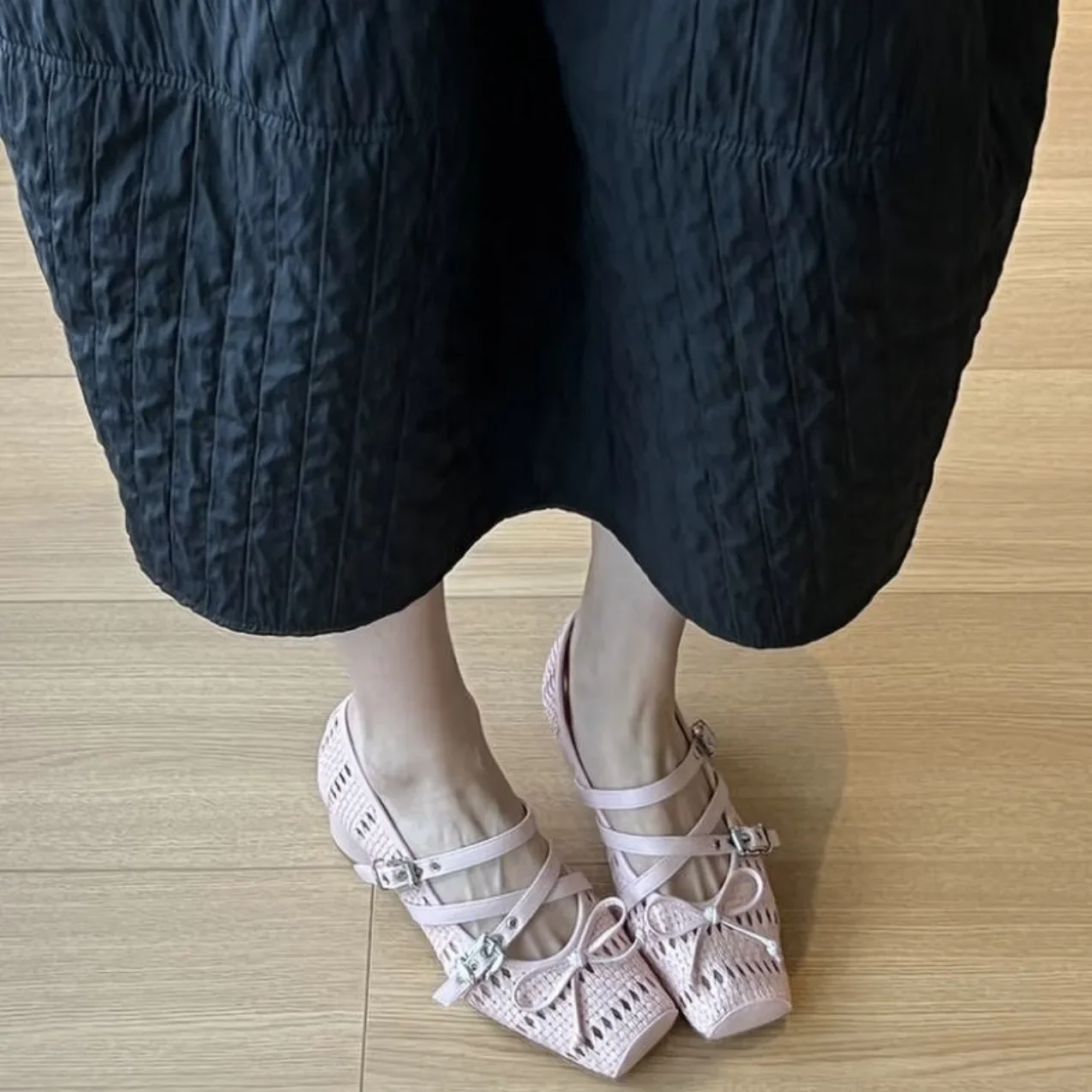 Sweet Style Mary Jane Shoes Women's Breathable Woven Hollow out Cross Band Spring Summer New Model Korean Version Single Shoes