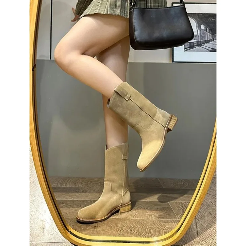 Footwear Denim Ladies Boots Middle Heel Shoes for Women Half High Cowgirl Mid Calf Cowboy New Rock in On Promotion Fashion 2025