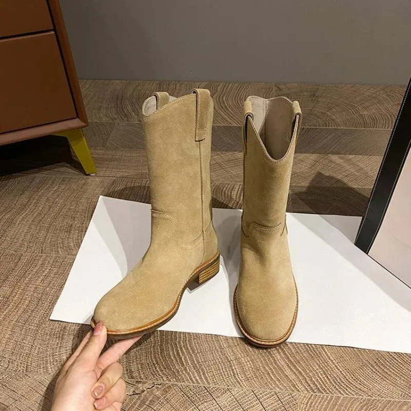 Footwear Denim Ladies Boots Middle Heel Shoes for Women Half High Cowgirl Mid Calf Cowboy New Rock in On Promotion Fashion 2025