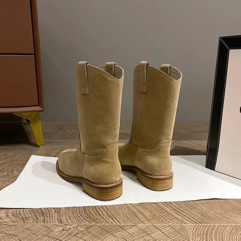 Footwear Denim Ladies Boots Middle Heel Shoes for Women Half High Cowgirl Mid Calf Cowboy New Rock in On Promotion Fashion 2025