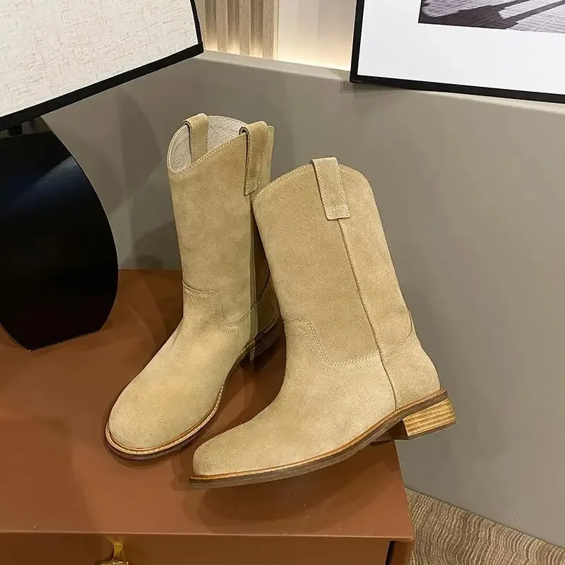 Footwear Denim Ladies Boots Middle Heel Shoes for Women Half High Cowgirl Mid Calf Cowboy New Rock in On Promotion Fashion 2025