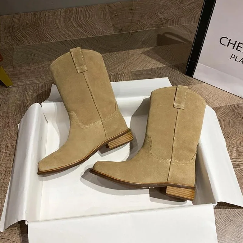 Footwear Denim Ladies Boots Middle Heel Shoes for Women Half High Cowgirl Mid Calf Cowboy New Rock in On Promotion Fashion 2025