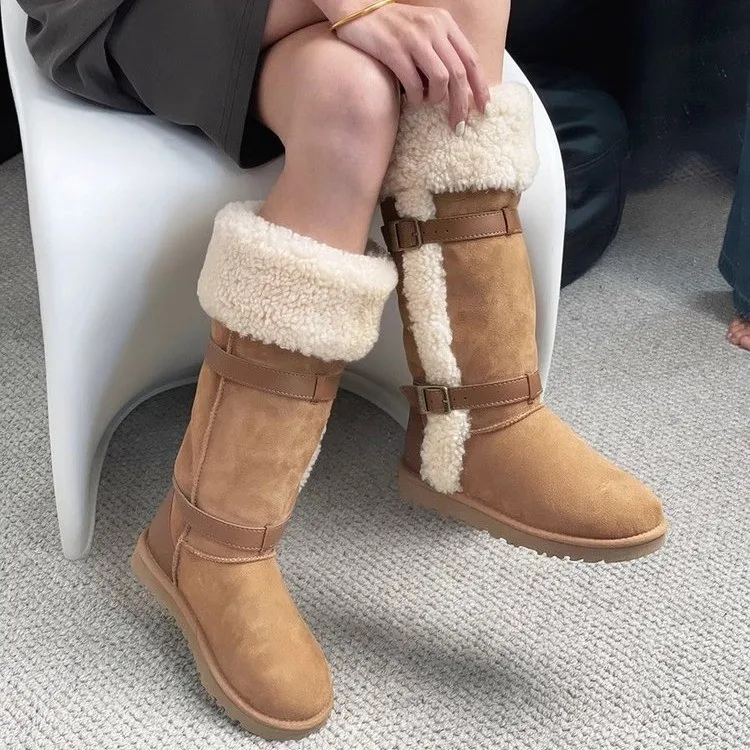 Thickened Lamb Wool Long Tube Snow Boots for Women New Autumn Winter Anti-slip Fleece-lined Cotton Shoes Knee High Boots