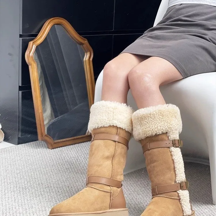 Thickened Lamb Wool Long Tube Snow Boots for Women New Autumn Winter Anti-slip Fleece-lined Cotton Shoes Knee High Boots