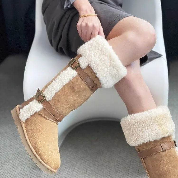 Thickened Lamb Wool Long Tube Snow Boots for Women New Autumn Winter Anti-slip Fleece-lined Cotton Shoes Knee High Boots